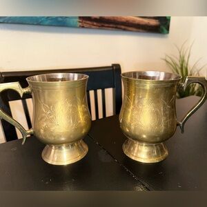 Antique Vintage Brass Mugs collection etched symbols